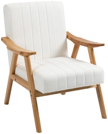 Polstret Lænestol   Skandinavisk Design  Fløjlslook  Massivt Træstel  68   74   82 Cm  Natur   Creme