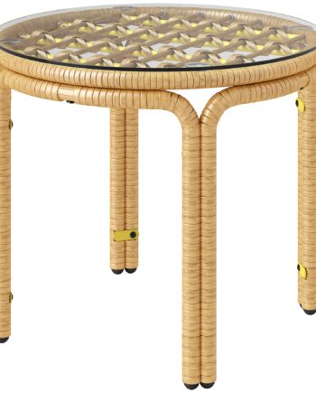Sidebord Lavet Af Polyrattan Rundt Sofabord Med Glasbordplade Natbord ø50 Cm Gul