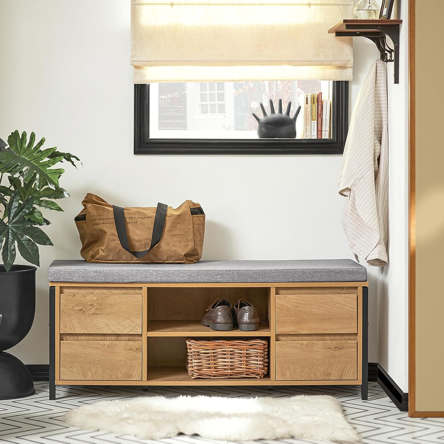 Skobænk Med Hynde  110x35x45 Cm  Japandi-look  Naturfarvet