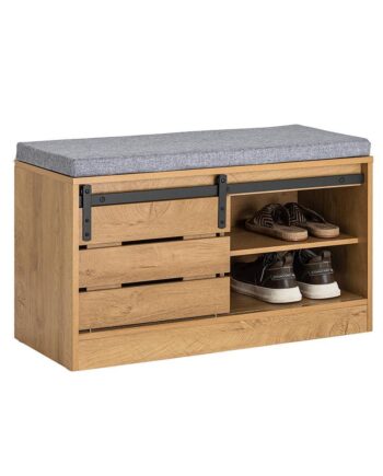 Skobænk Med Skydedør  80x35x48 Cm  Naturfarvet Med Grå Sæde