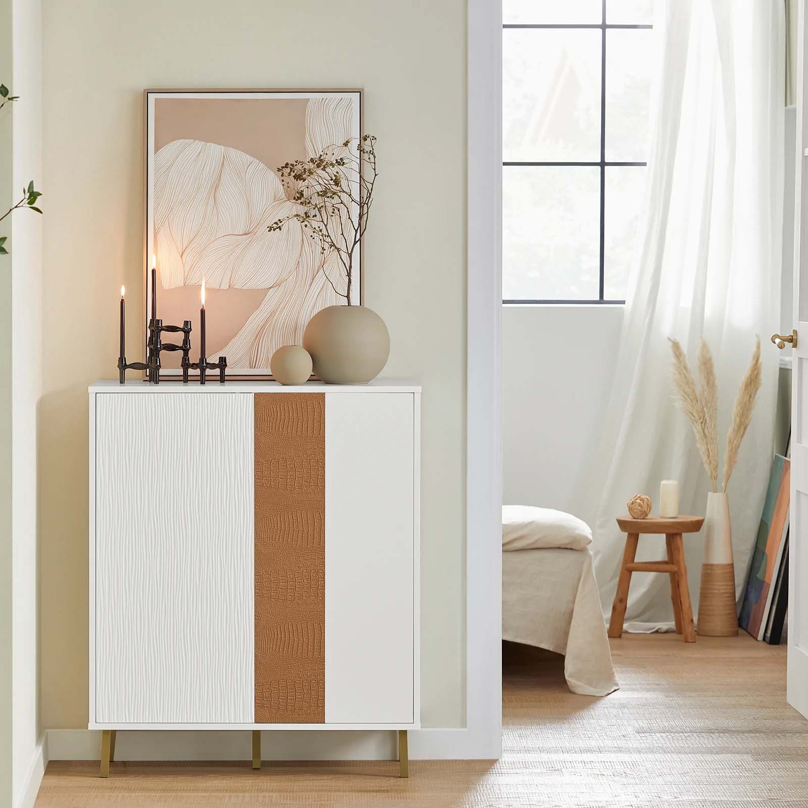 Smuk Skænk   Japandi Stil  80x34x95 Cm  Hvid Med Brun Stribe