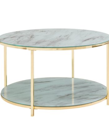 Sofabord   Glas Medmarmor-look  80x80x45 Cm  Hvid Guldfarvet
