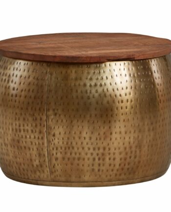 Sofabord  Massivt Mangotræ  Metal  60x60x40 Cm  Guld  Rundt  Med Opbevaringsplads  Designer Stuebord Med Aftagelig Bordplade  Loungebord  Sofabord  Moderne Stuebord