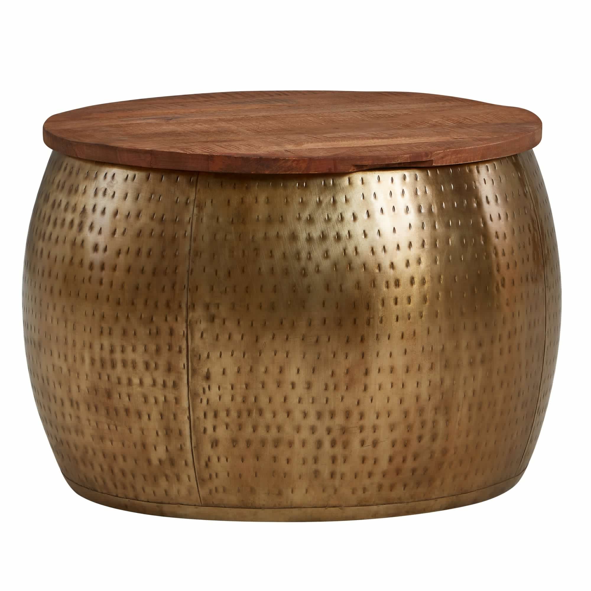 Sofabord  Massivt Mangotræ  Metal  60x60x40 Cm  Guld  Rundt  Med Opbevaringsplads  Designer Stuebord Med Aftagelig Bordplade  Loungebord  Sofabord  Moderne Stuebord