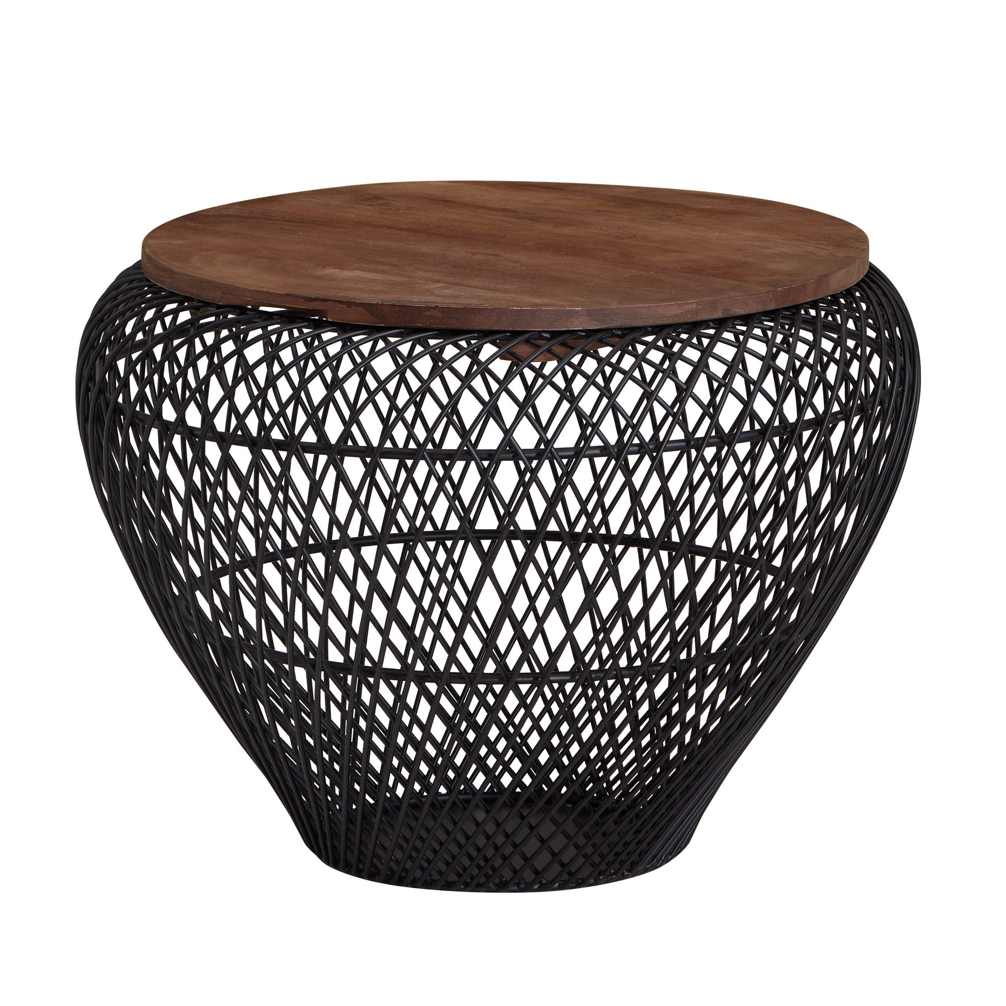 Sofabord  Massivt Mangotræ  Metal  60x60x45 Cm  Sort  Rundt Med Opbevaring  Designer Stuebord  Fletbord  Moderne Sidebord  Sofabord Til Stuen