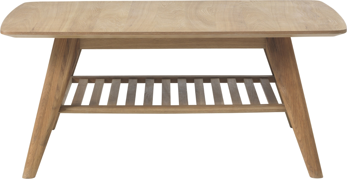 Sofabord Nordique Design Rho   Lænestuebord   Natur H45   B110   D70 Cm  Mdf Med Egetræsfiner  Massiv Eg  Hylde Med Lameller