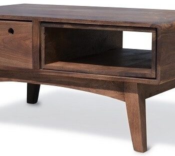 Sofabord Obuzi Stuka   Massivt Rosentræ Mørk Naturfinish Med Todelt Jernunderstel  Skuffe   Hylder  100   60 Cm  Retro Stil