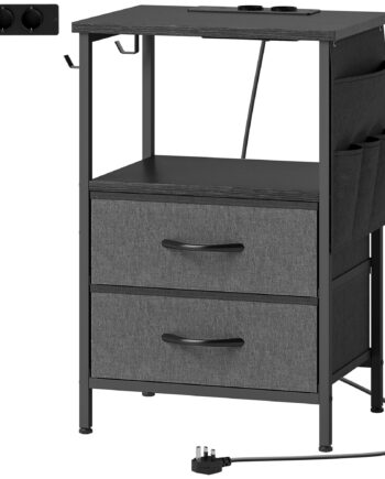 Sofabord Sidebord Med Ladestation  Stålstel  Usb- -porte  Skuffer  Kroge  40 Cm   30 Cm   60 Cm  Sort