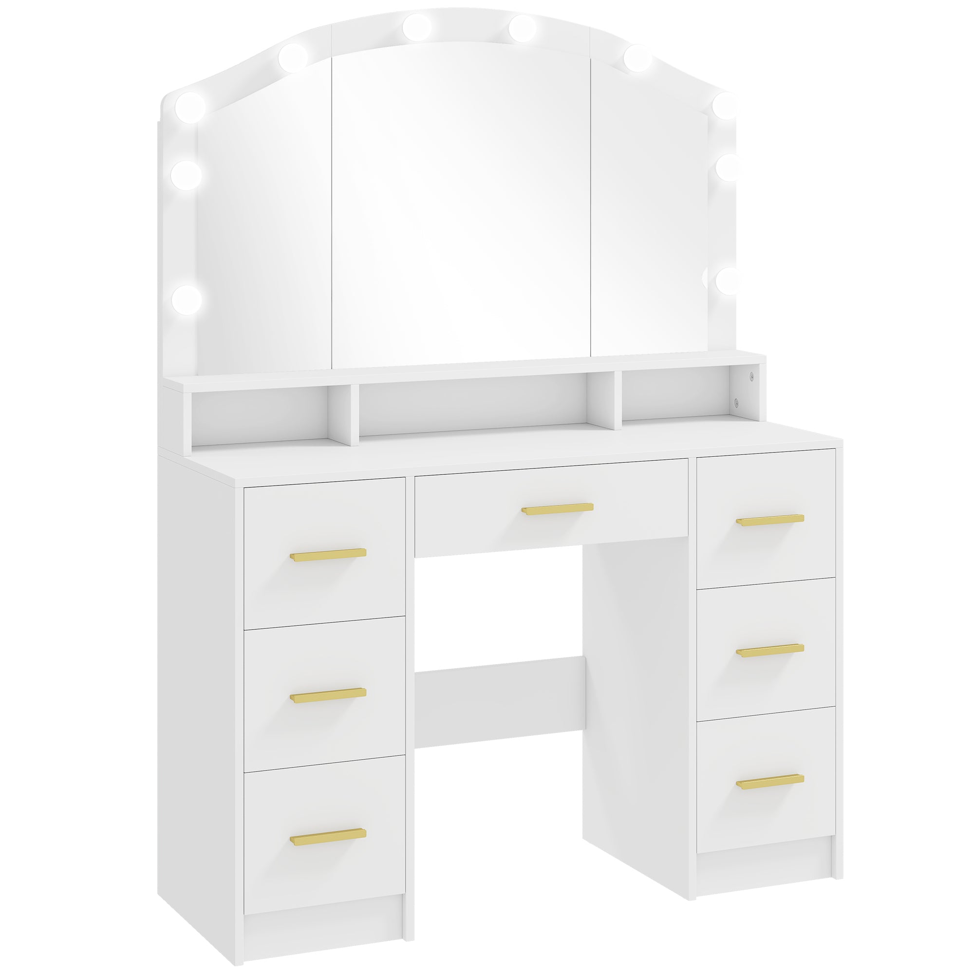 Toiletbord Med 10 Led Hollywood-lamper  Spejl    Skuffer    Rum  Mdf  Hvid