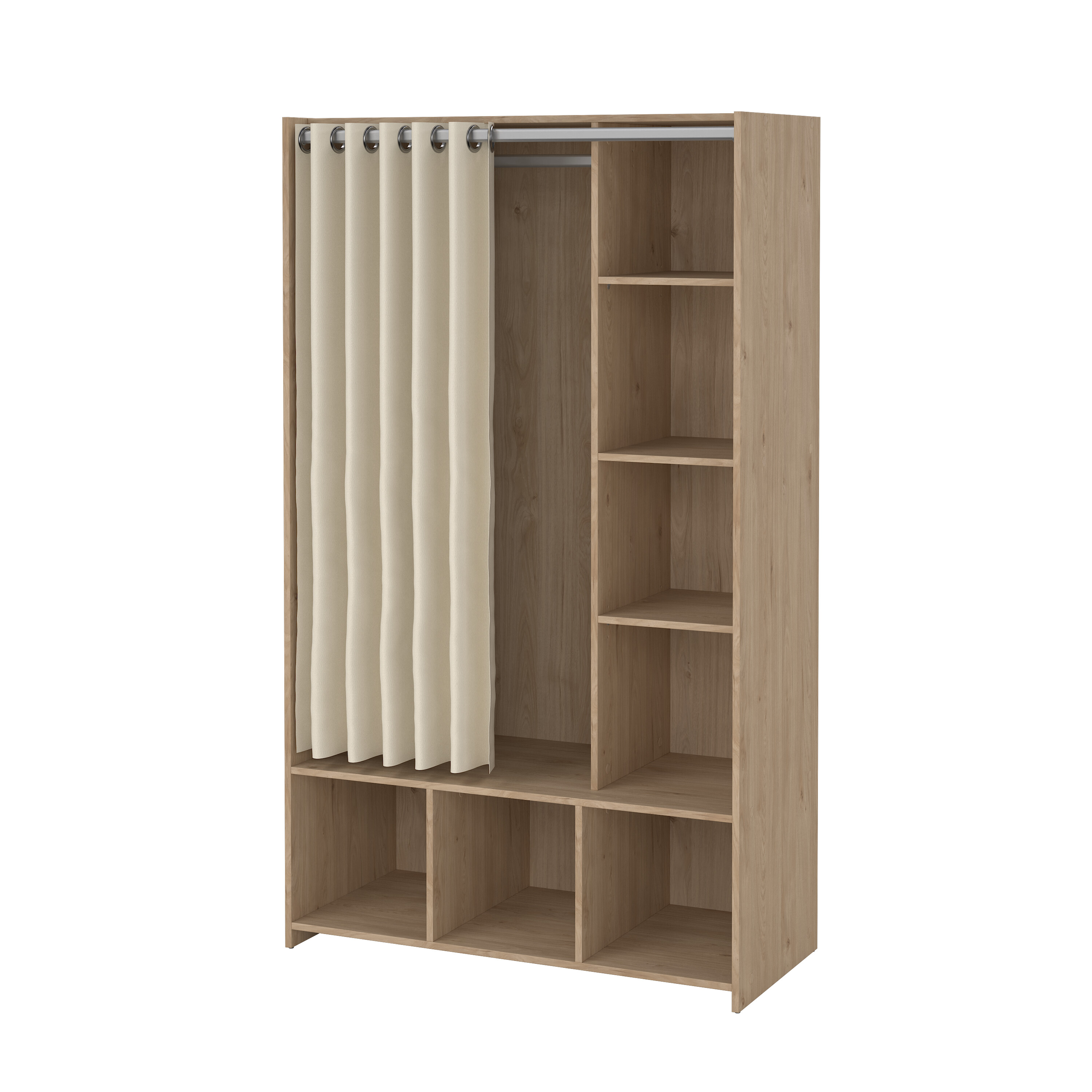 Tvilum Kit åbent Garderobeskab     Lys Beige Gardin    Bøjlestang Og   Hylder Jackson Hickory Træ