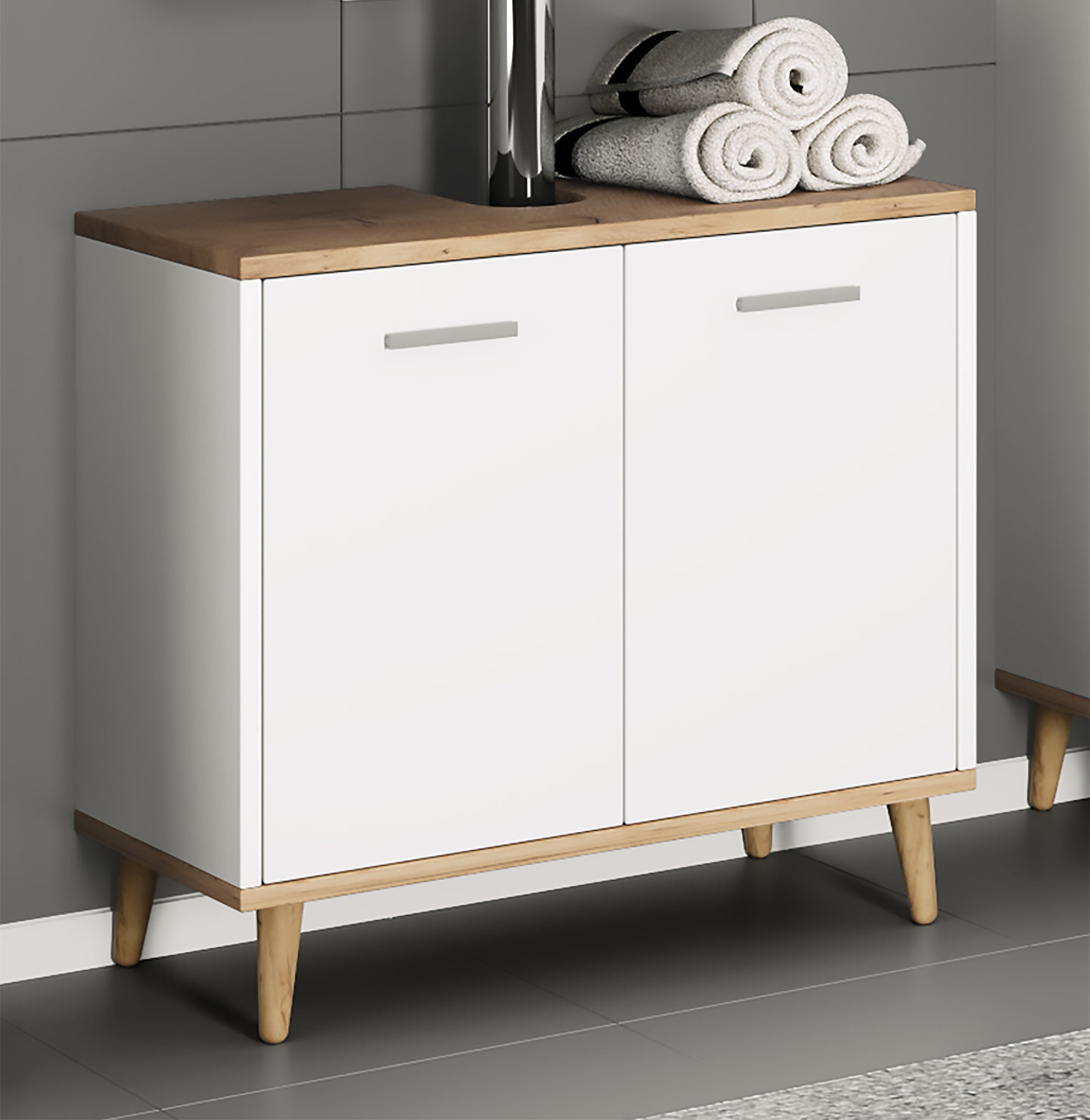 Underskab Til Badeværelset  56x60x28 Cm  Hvid Og Naturfarvet