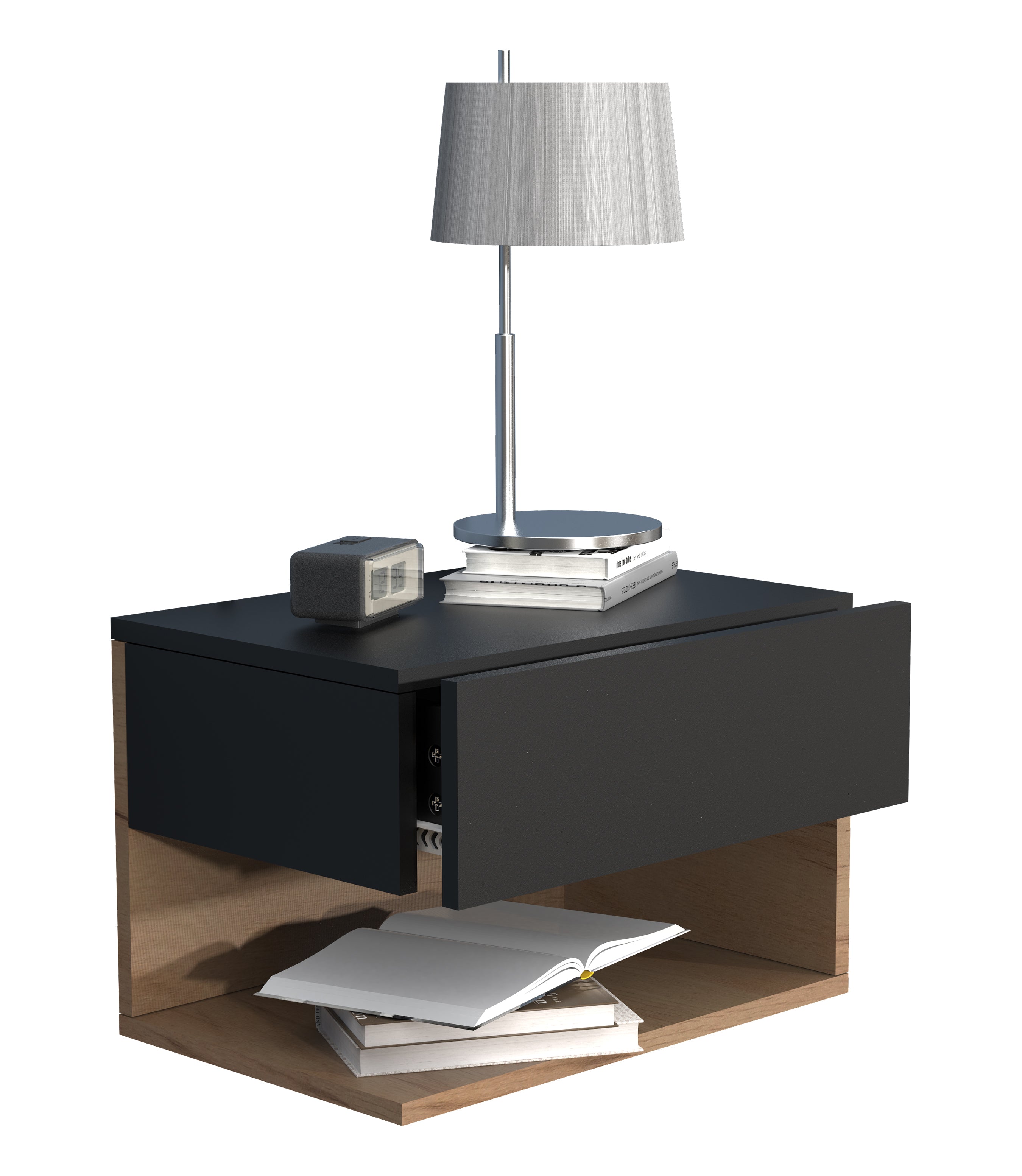 Vægbord   Sengebord  30   45   32 Cm  Sort Og Naturfarvet
