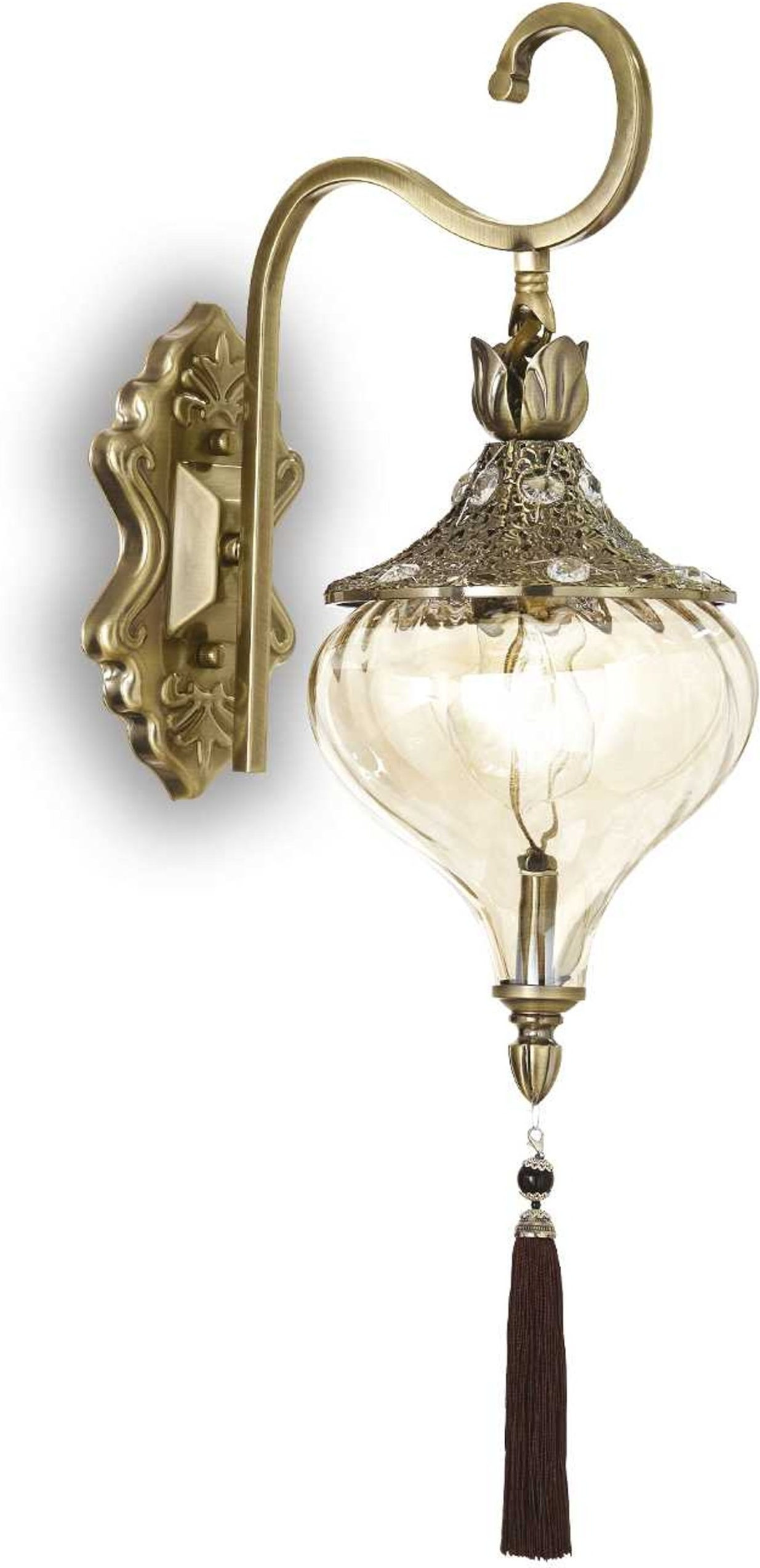 Væglampe Ideal Lux Harem Antik Messing Med Krystaller  Ravfarvet Blæst Glas ø160 Og Kvast Vedhæng