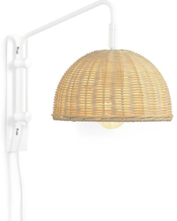 Væglampe Kave Home Damila   Kolonialt Design   Rattan   Hvidt Metal  Justerbar Højde