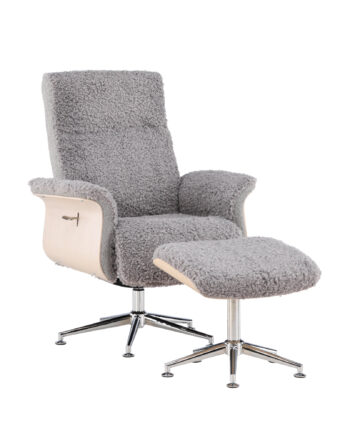 Venture Design Hagön Recliner Lænestol    Fodskammel Grå Stof  Hvidvasket Træ Og Krom Metal