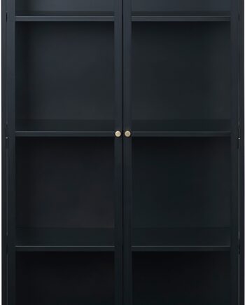 Vitrineskab Nordique Design Carmel   Sort Koldvalset Stål Med Hærdet Glas  Gyldne Håndtag Og Justerbare Hylder H190xb40xd90 Cm