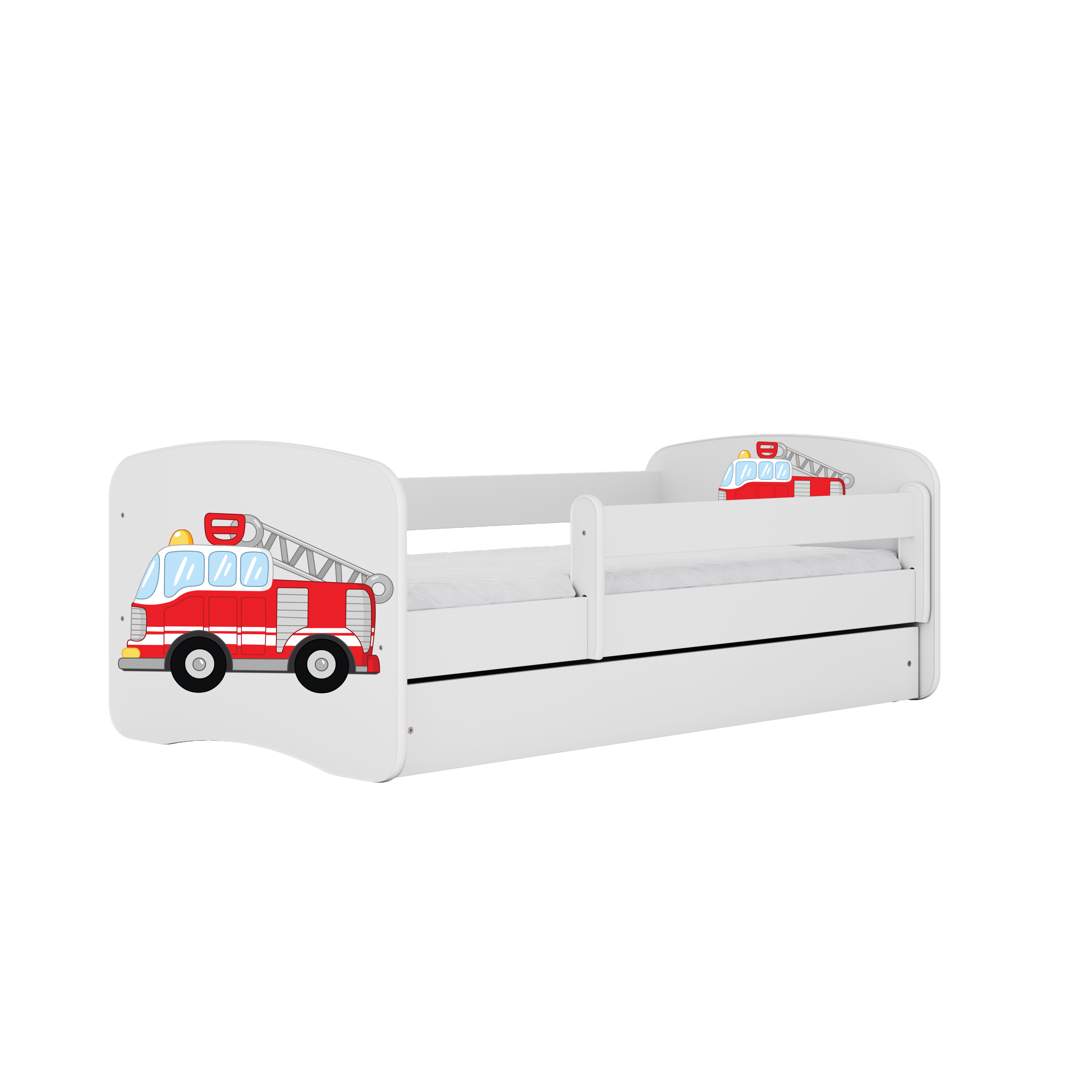 Babydreams Juniorseng Med Brandbil     Madras  Sengehest  Skuffe Hvid Laminat  180x80