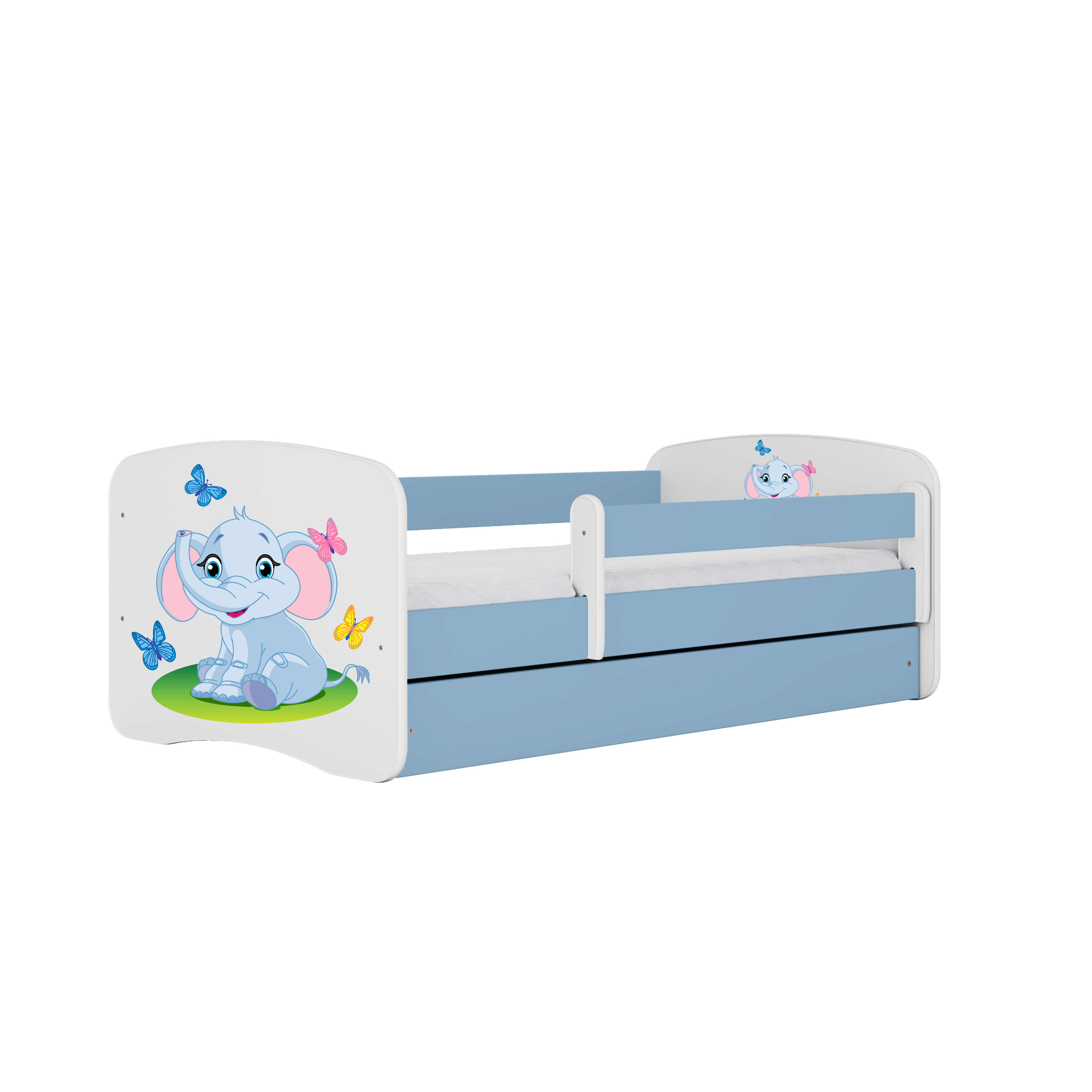 Babydreams Juniorseng Med Elefant     Madras  Sengehest  Skuffe Hvid Og Blå Laminat  160x80