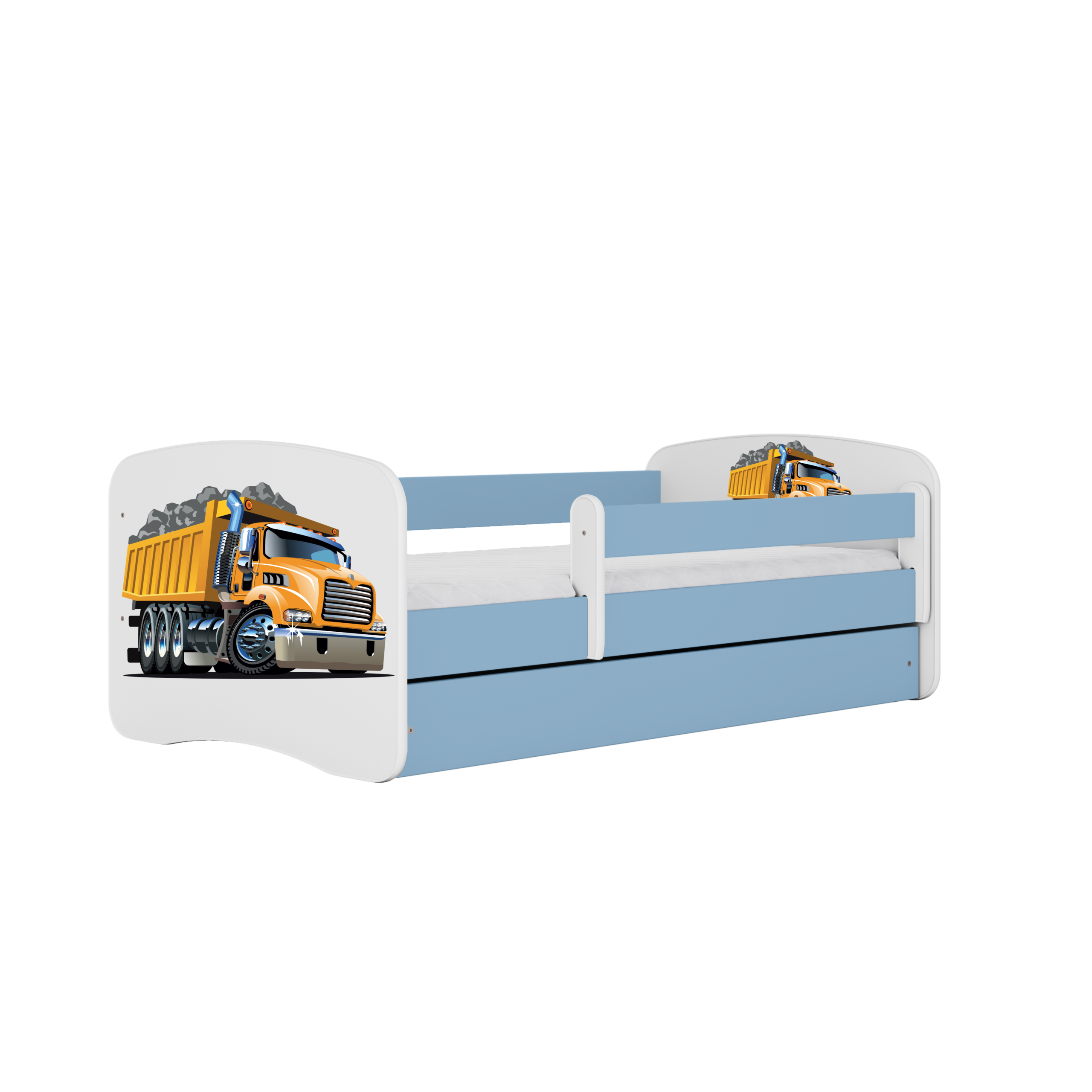 Babydreams Juniorseng Med Lastbil Madras Sengehest Skuffe Hvid Og Blå Laminat 160x80