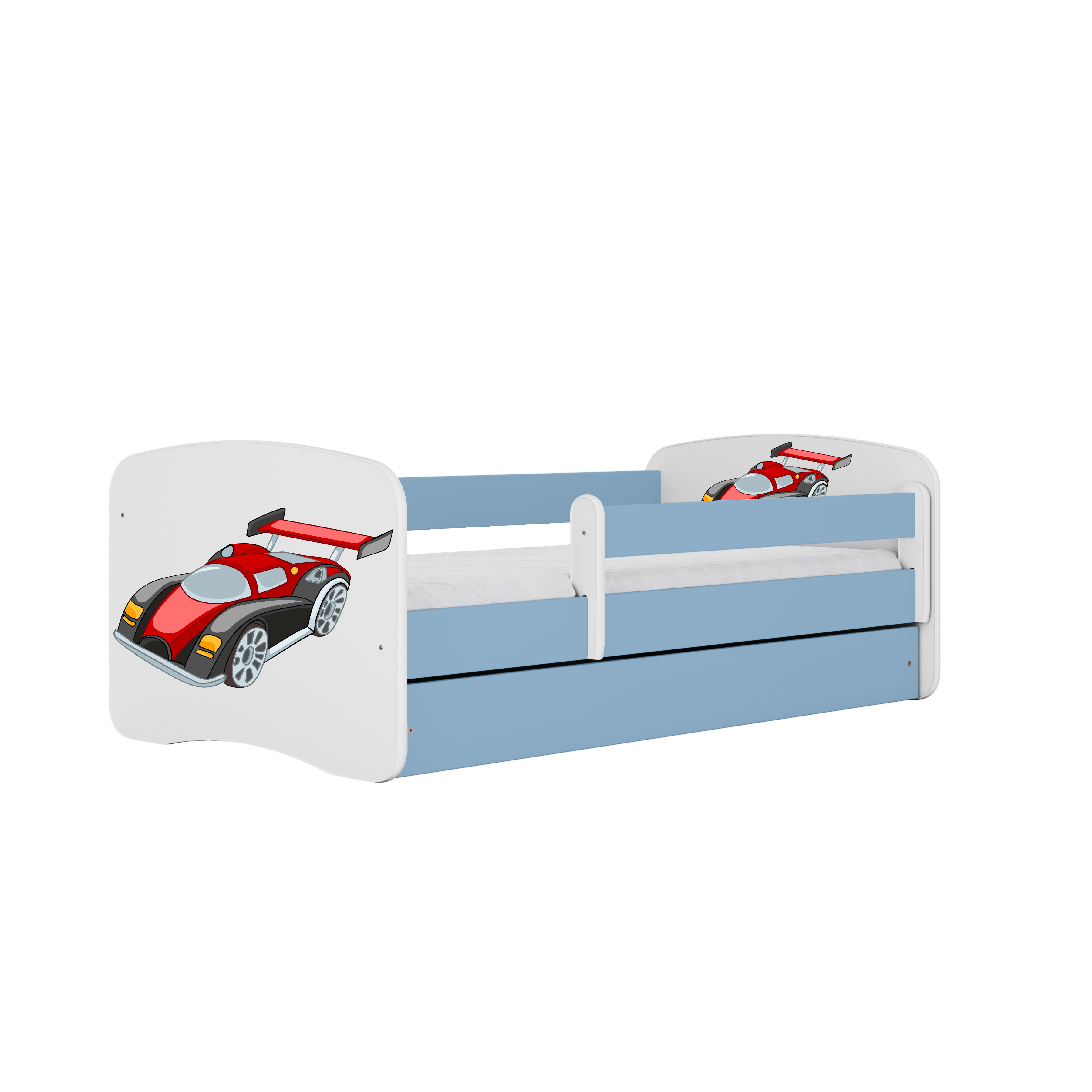 Babydreams Juniorseng Med Racerbil     Madras  Sengehest  Skuffe Hvid Og Blå Laminat  160x80