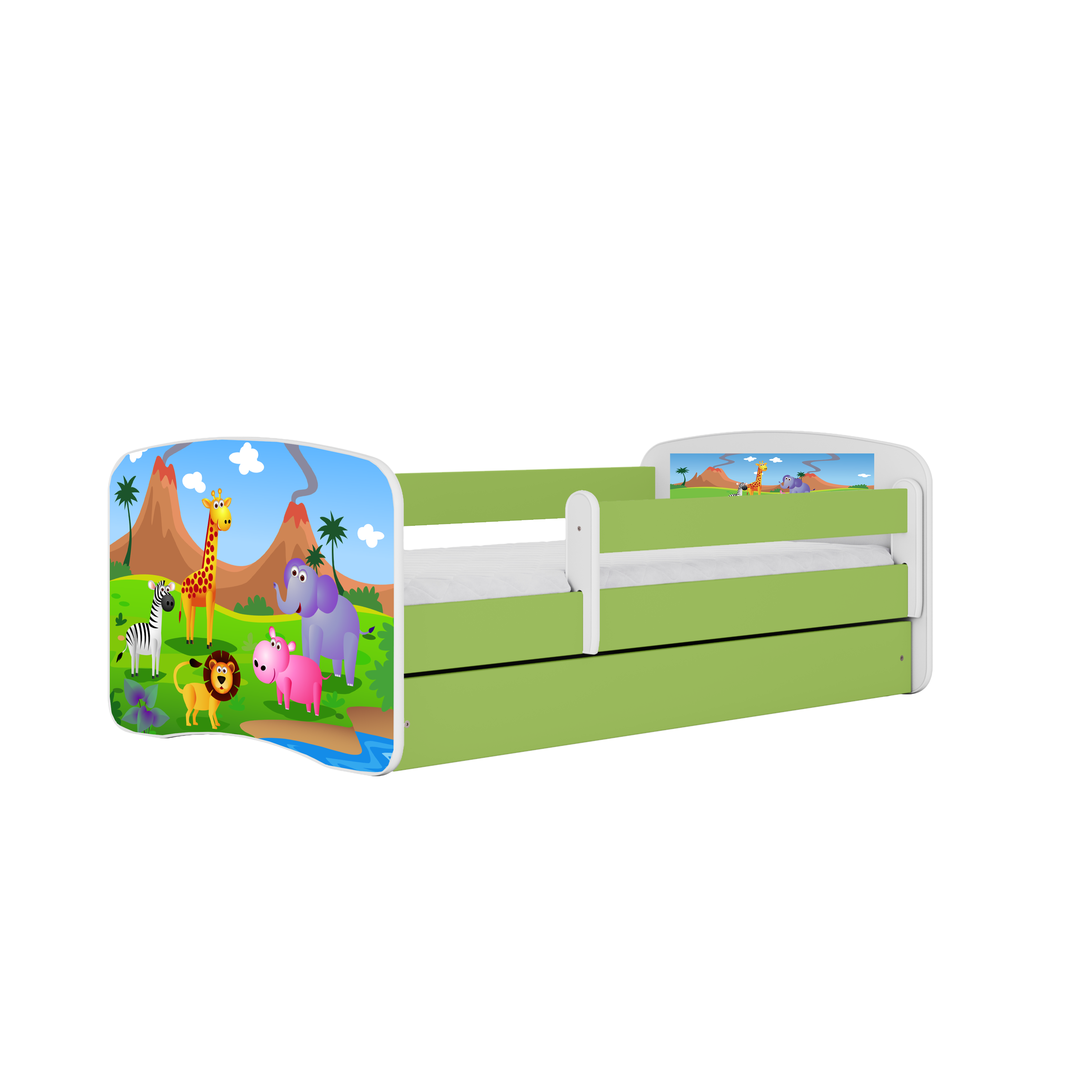 Babydreams Juniorseng Med Safari Dyr     Madras  Sengehest  Skuffe Hvid Grøn Laminat  180x80
