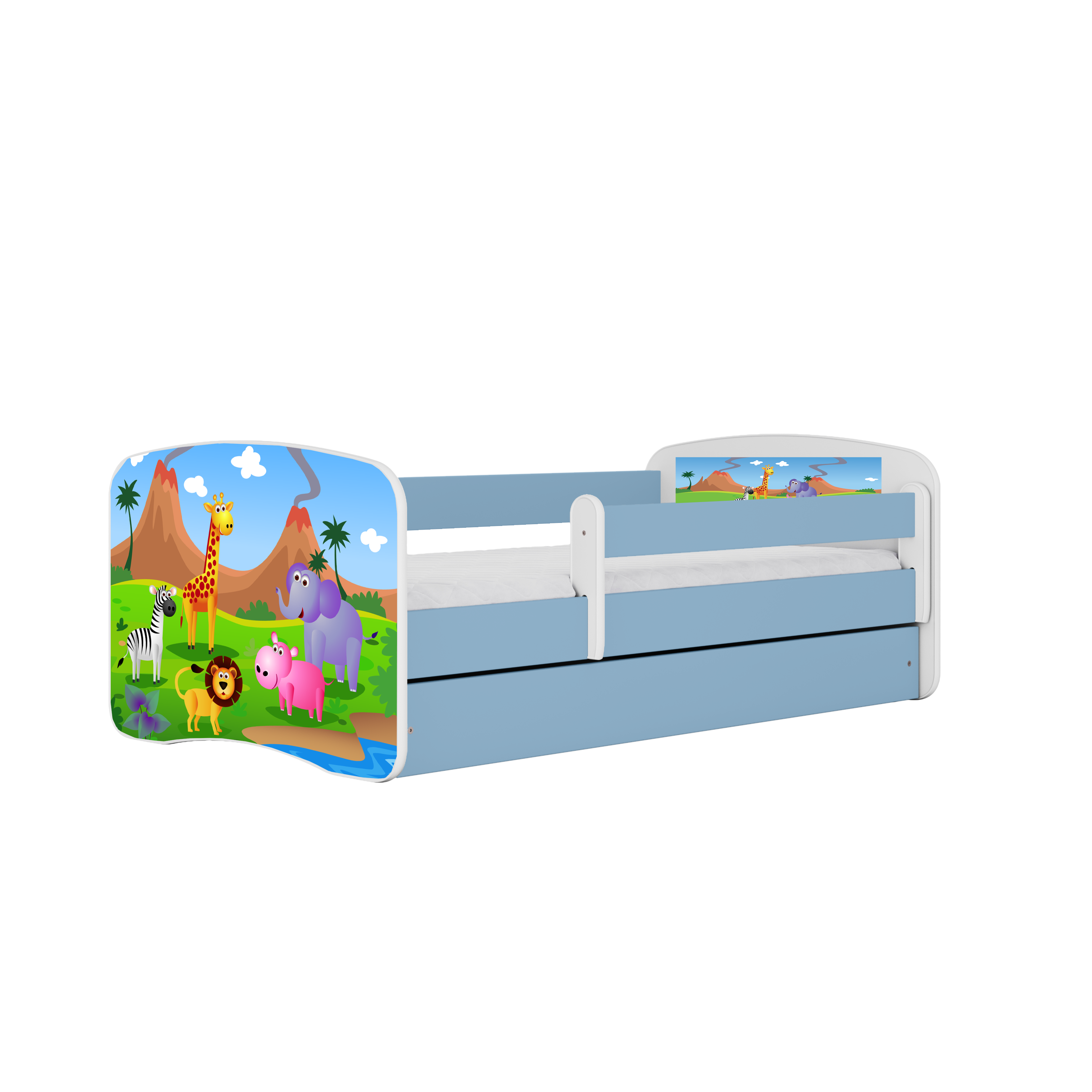 Babydreams Juniorseng Med Safari Dyr     Madras  Sengehest  Skuffe Hvid Og Blå Laminat  140x70