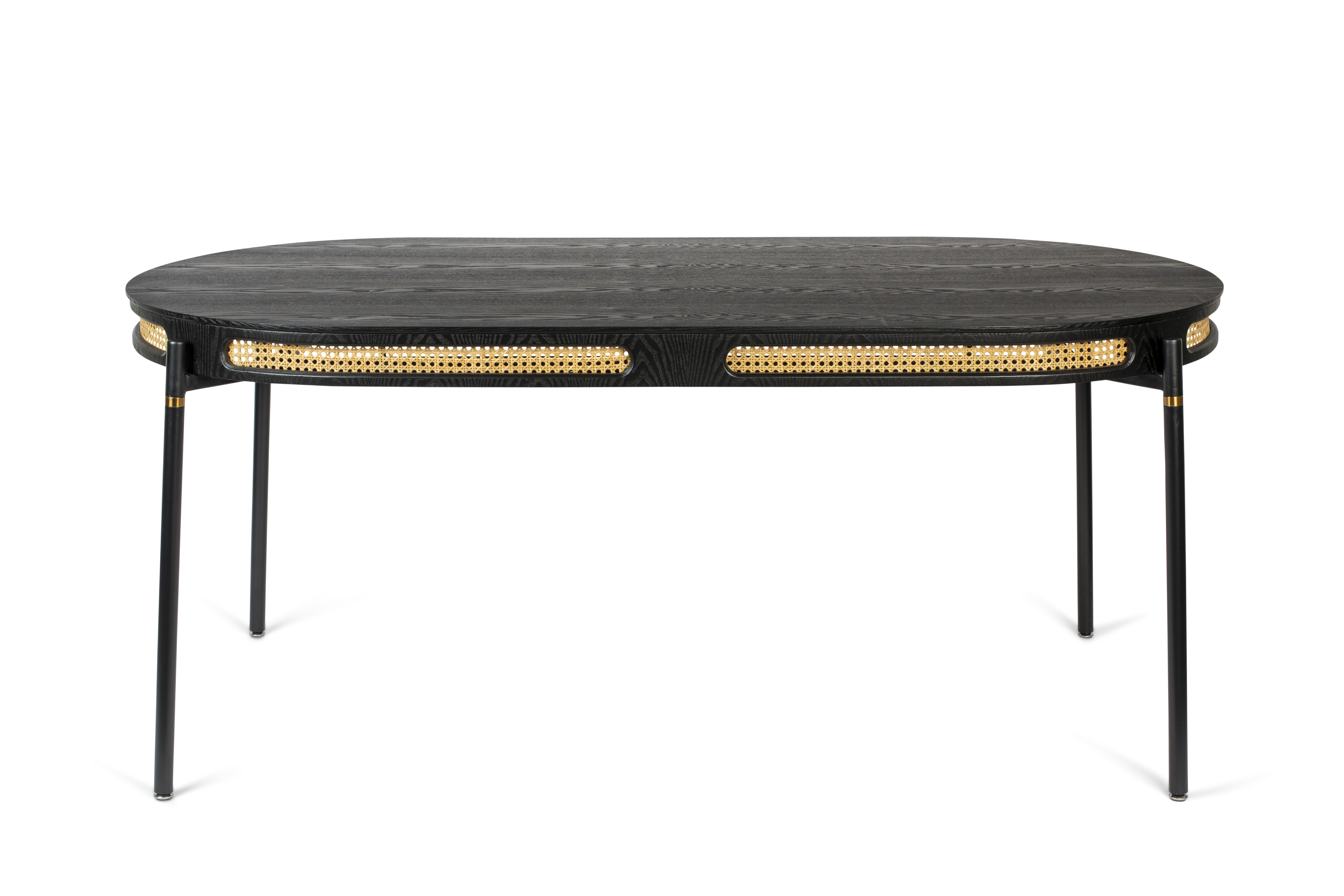 Bold Monkey Don 39   Stop The Webbing Spisebord  Rund Sort Finér  Rattan Og Sort Jern  180x90