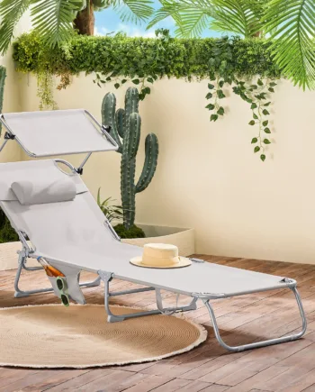 Foldbar Solstol Med Nakkepude Og Justerbar Solskærm   Til Have Og Altan  Beige
