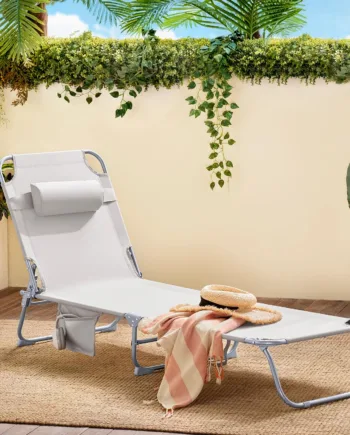 Foldbar Solstol Med Nakkepude   Til Have Og Altan  Beige