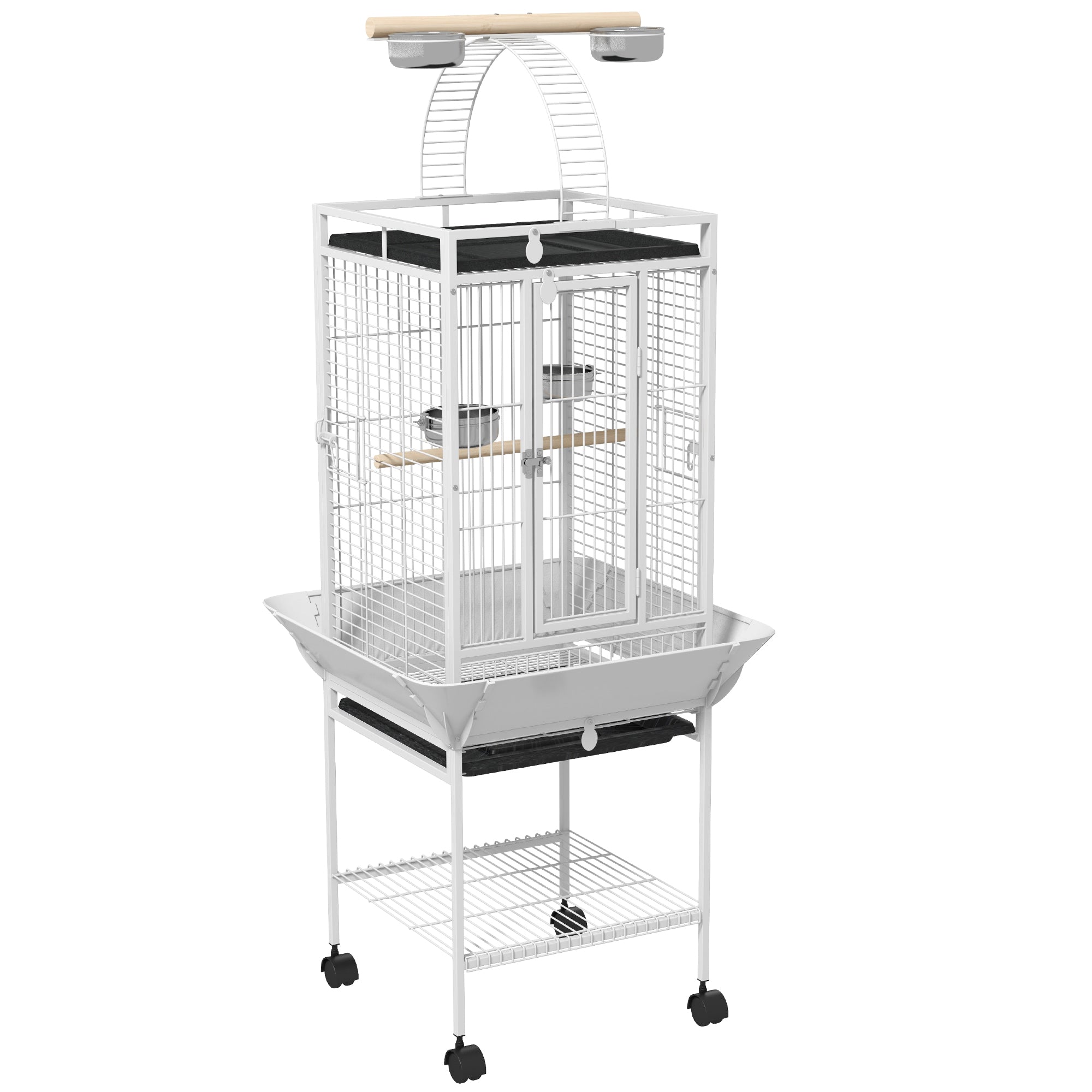 Fuglebur  Papegøjebur Med   Døre    Siddepladser  360â  Hjul  Madskål  Hylde  Legeområde  62 5x62 5x156 Cm  Hvid