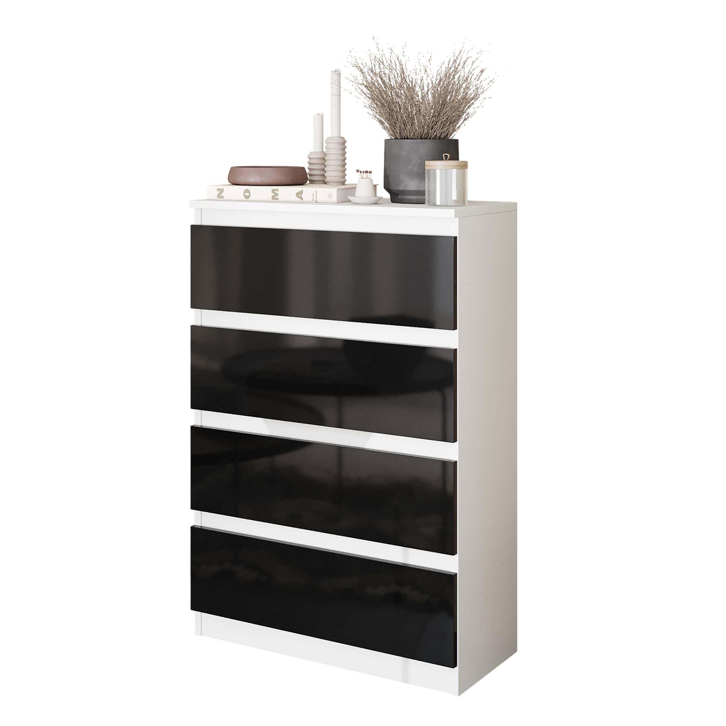 Gabriel   Kommode Med   Skuffer   Mat Hvid   Sort Højglans   H92 Cm B60 Cm D33 Cm