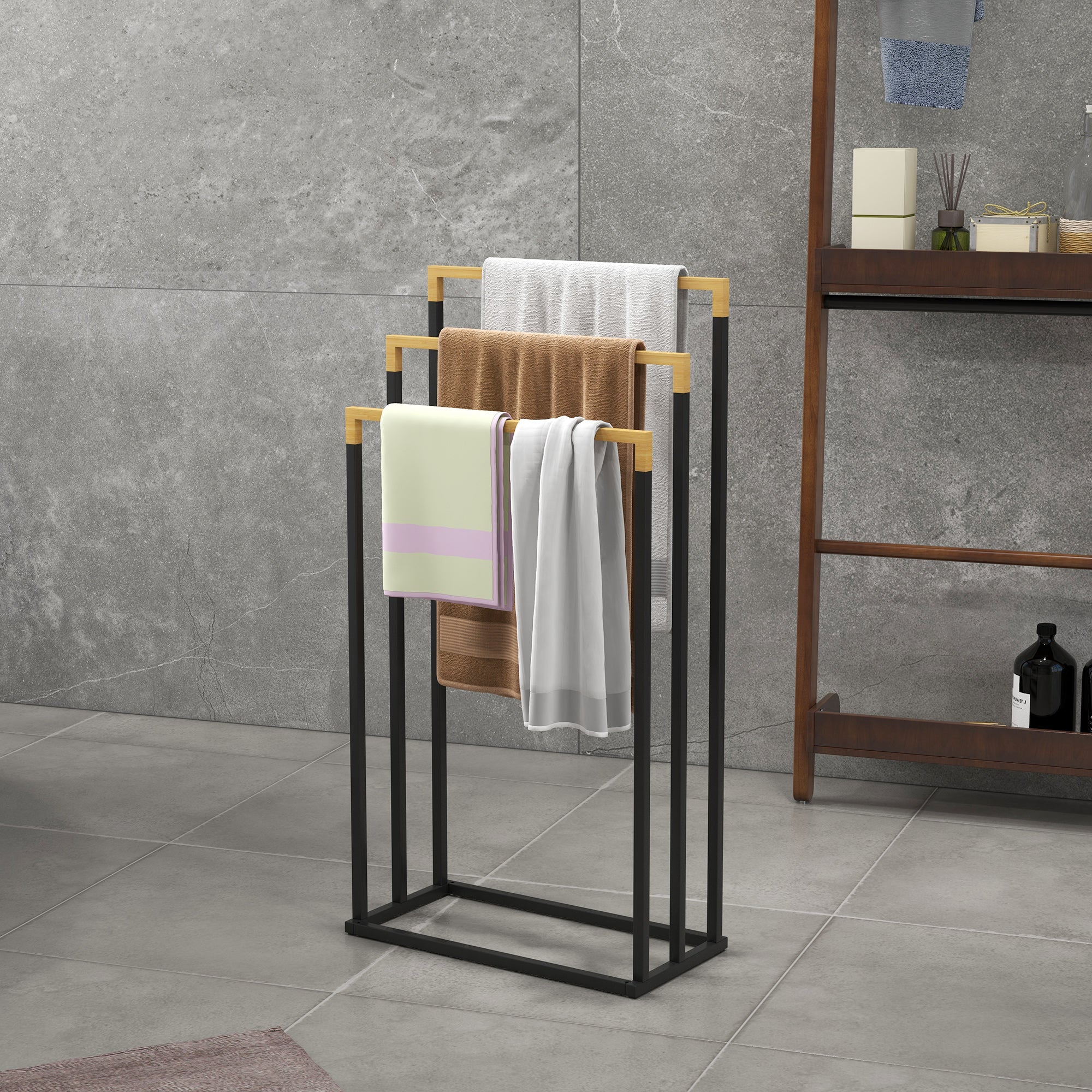 Håndklædeholder Med   Håndklædestænger  Industrielt Design  Bambus  45   22     86 Cm  Sort   Naturfarvet