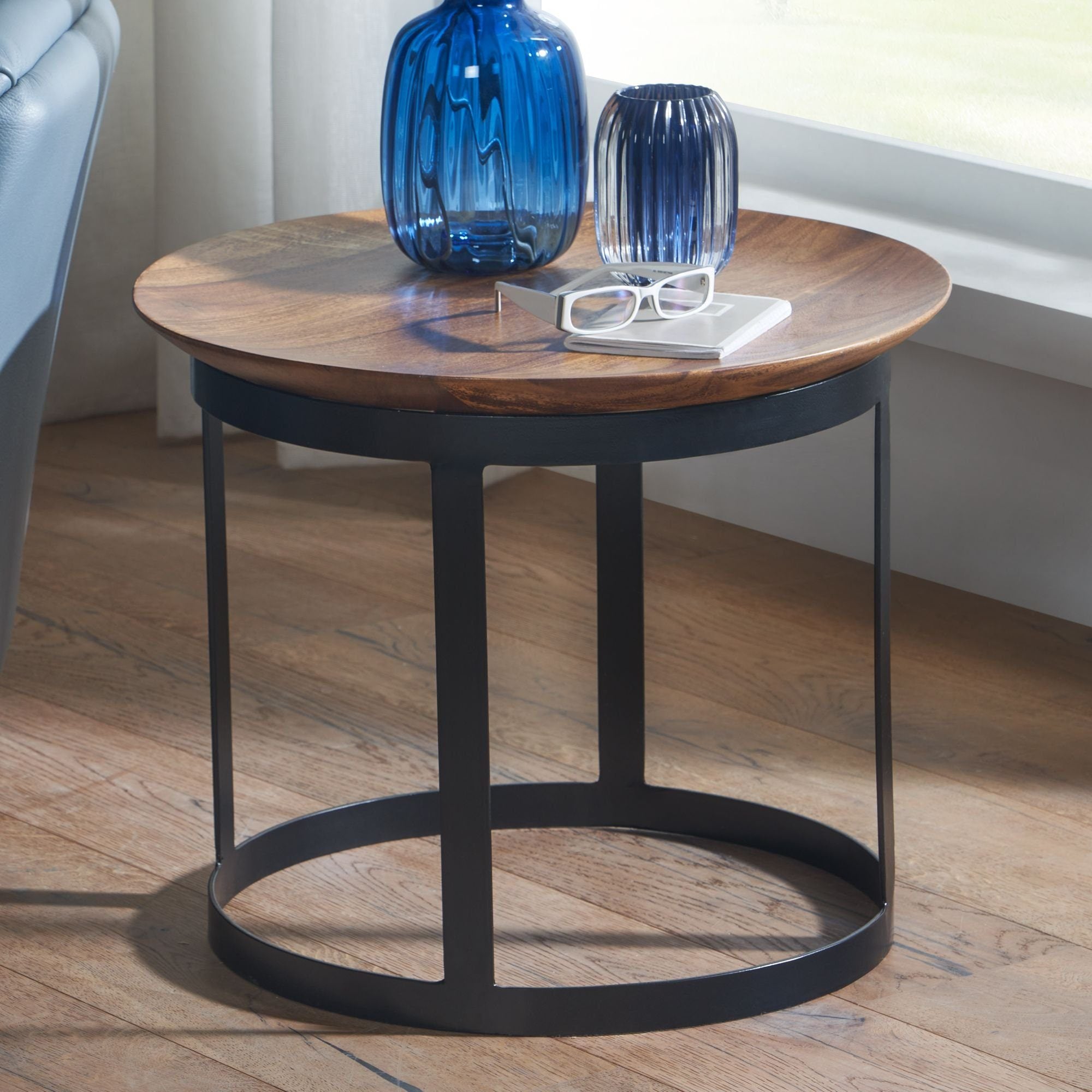 Håndlavet Sidebord   Massivt Sheeshamtræ   Metal  Japandi-look  52x52x44 Cm  Brun