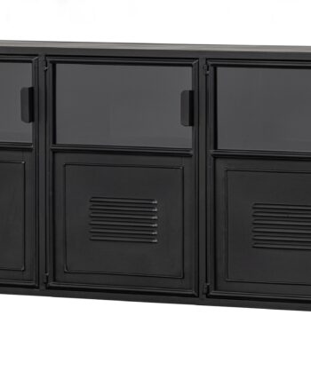 Highboard Woood Ronja   Industrielt Højskab   Sort Jern Med Glasdøre    Rum   Hylder  B143xd37xh75   Cm