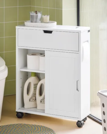 Hvidt Badeværelseskabinet På Hjul  Ideelt Til Opbevaring Af Toiletpapir Og Diverse