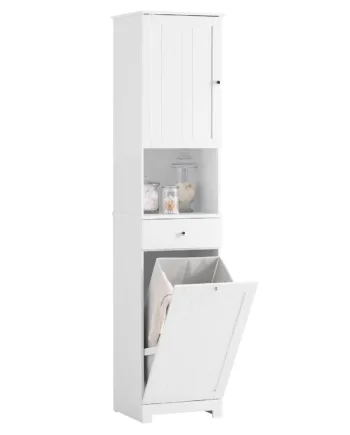 Hvidt Badeværelsesskab  40x38x180 Cm  Kombineret Med Skuffe  åbent Rum Og Vasketøjskurv