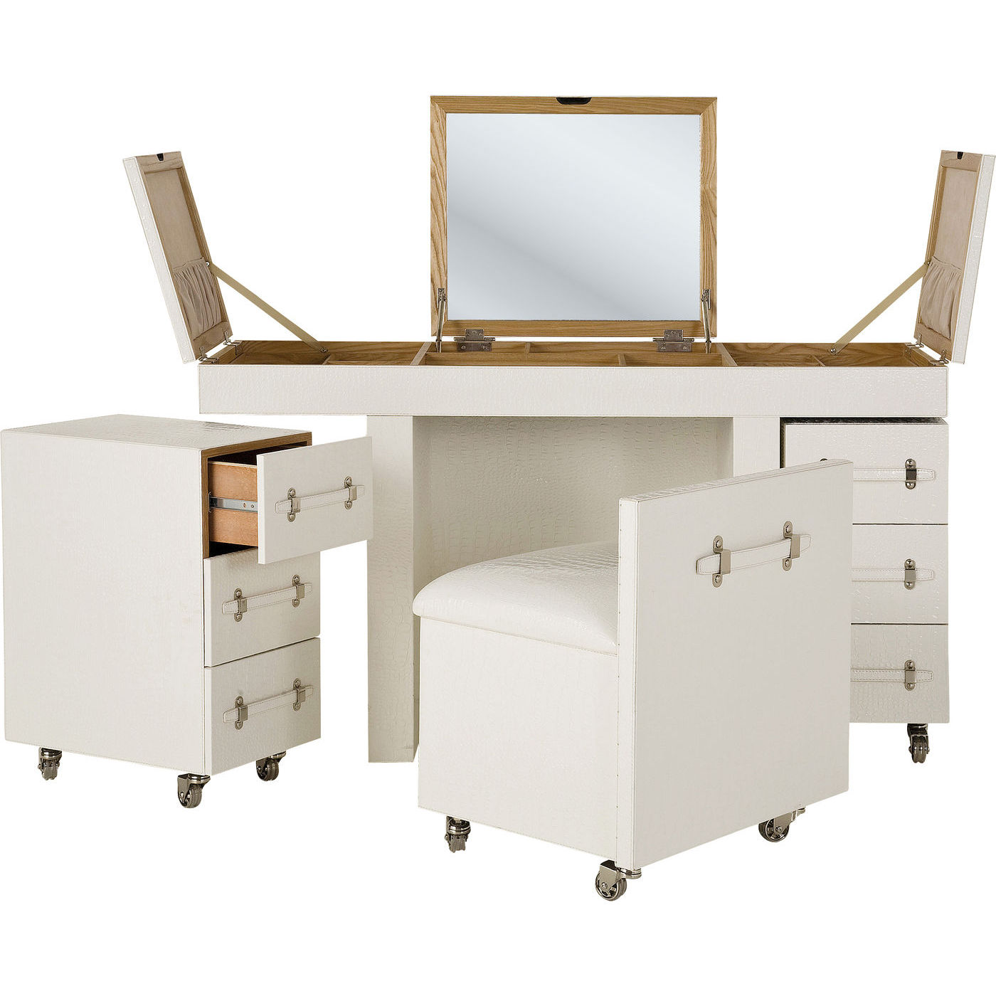 Kare Design Diva Croco White Makeup Bord Hvid Læderlook     Stol    Skuffer  Spejl Og  10 Rum