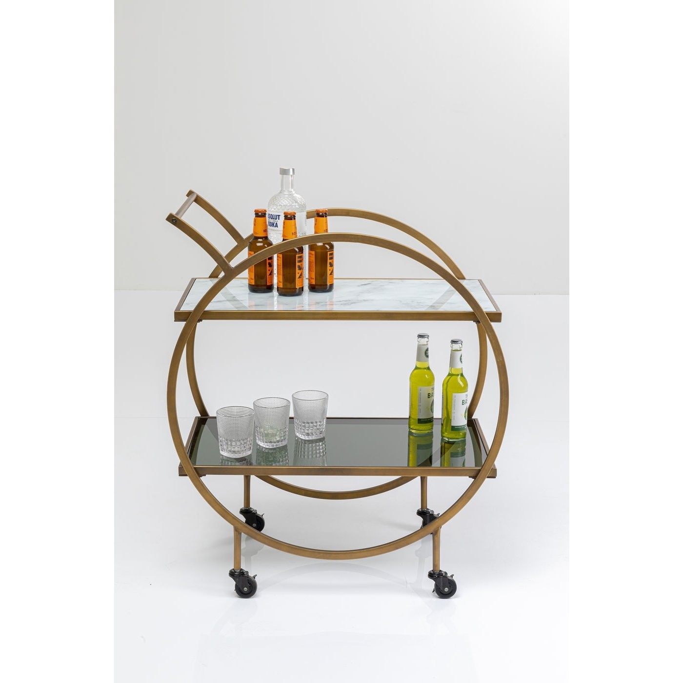 Kare Design Loft Rullebord Messing Stål Lysegrå Laminat Farvet Glas  Håndlavet     Hjul Og Hylde