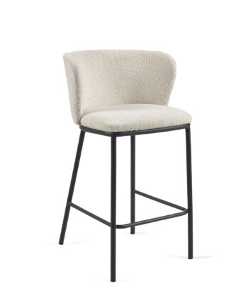 Kave Home Ciselia Barstol     Ryglæn Og Fodstøtte Hvid Bouclé Og Sort Metal   :65cm