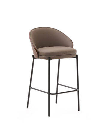 Kave Home Eamy Barstol     Ryglæn Og Fodstøtte Brun Kunstlæder  Brun Askefinér  Sort Metal  65cm
