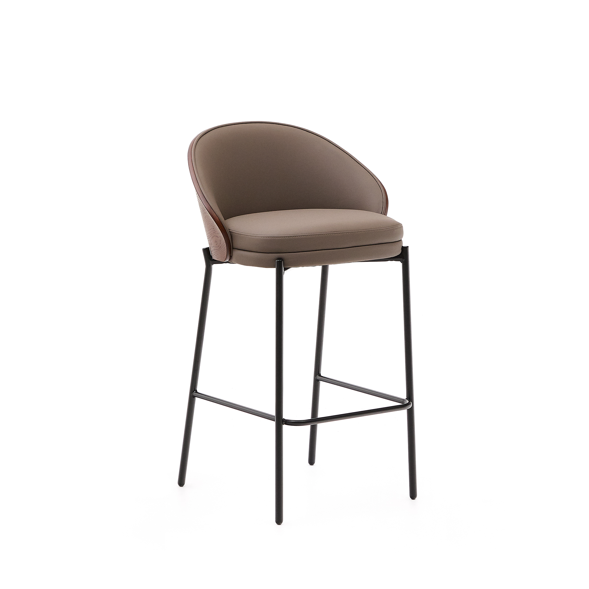 Kave Home Eamy Barstol Ryglæn Og Fodstøtte Brun Kunstlæder Brun Askefinér Sort Metal 65cm
