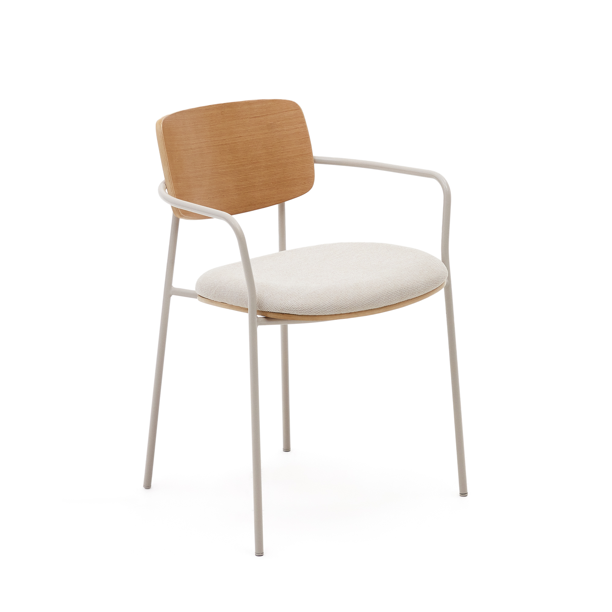 Kave Home Maureen Spisebordsstol Armlæn Stabelbar Natur Egefinér Og Beige Chenille Stof Metal