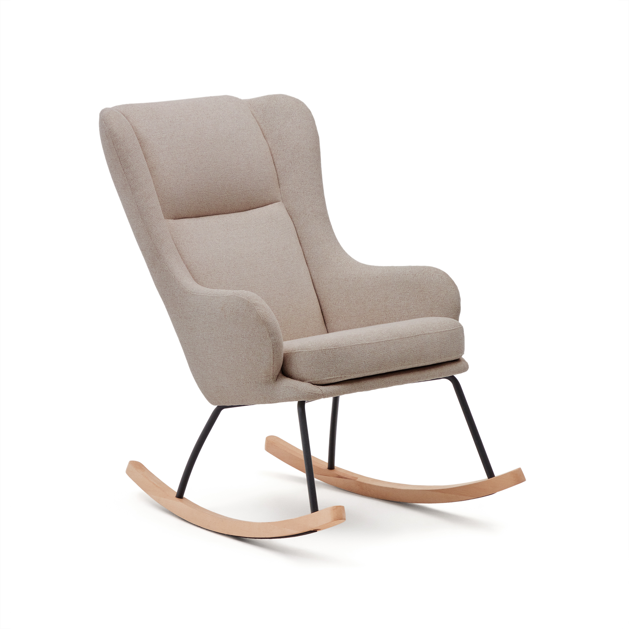 Kave Home Maustin Gyngestol Armlæn Beige Chenille Med Sort Stålkonstruktion Og Bøgetræ