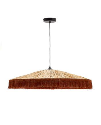 Kave Home Pollensa Loftlampe  Rund Natur Polyrattan Rattan Og Terracottafrynser  ø75