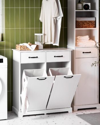 Kommode Med Indbyggede Vasketøjskurve Til Badeværelset  H90   B79     D38 Cm  Hvid