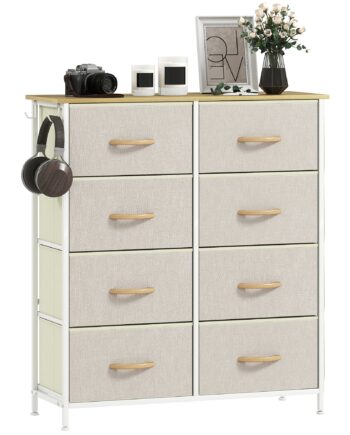 Kommode Til Soveværelset Med   Stofskuffer  Stålstøtter  Træfinish    Opbevaringslommer    Kroge  Beige