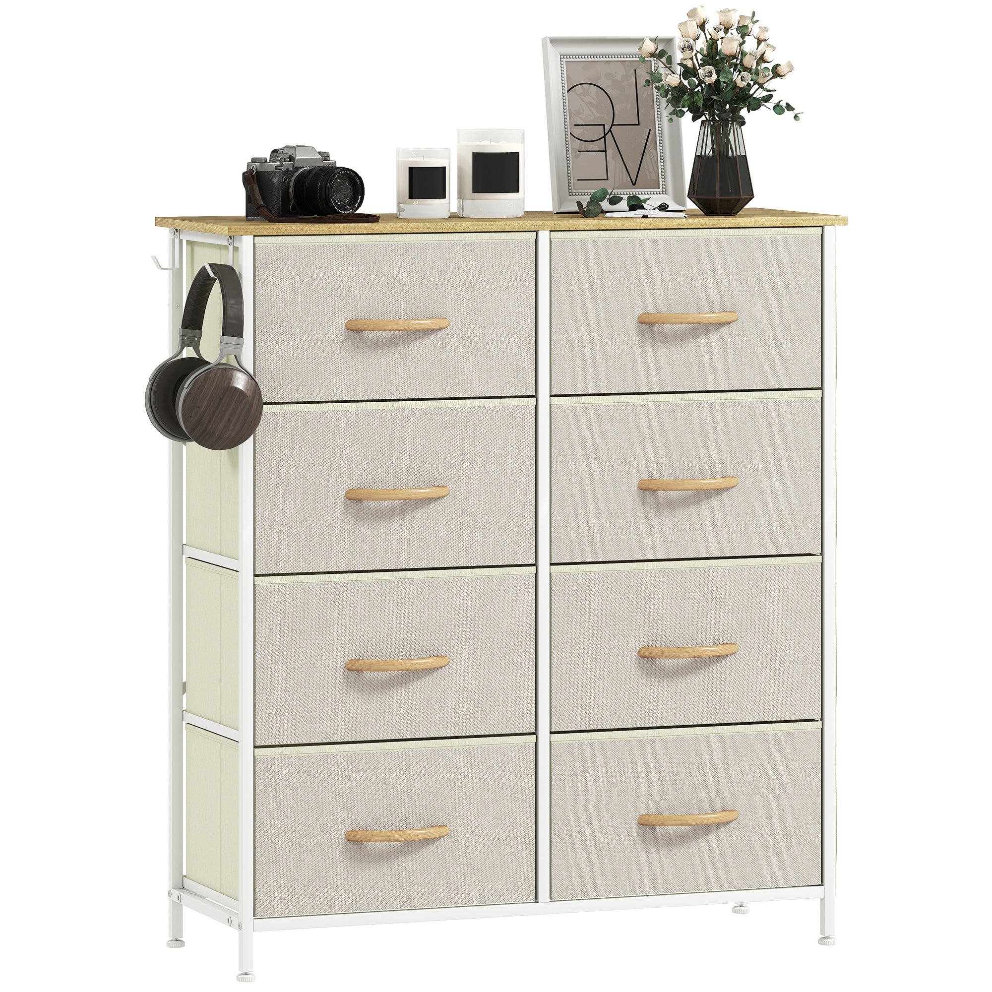 Kommode Til Soveværelset Med   Stofskuffer  Stålstøtter  Træfinish    Opbevaringslommer    Kroge  Beige