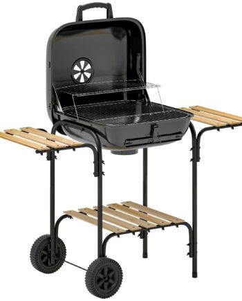 Kulgrill Af Stål  Grillvogn Med Aflåseligt Låg  Grillrist  Hjul  Håndtag  Træhylde  98   54   91 Cm  Sort