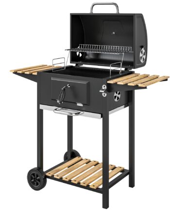 Kulgrill  Højdejusterbar Kulpande  Grillvogn  Hylder  Termometer  Flaskeåbner  Stål  Træ  Sort
