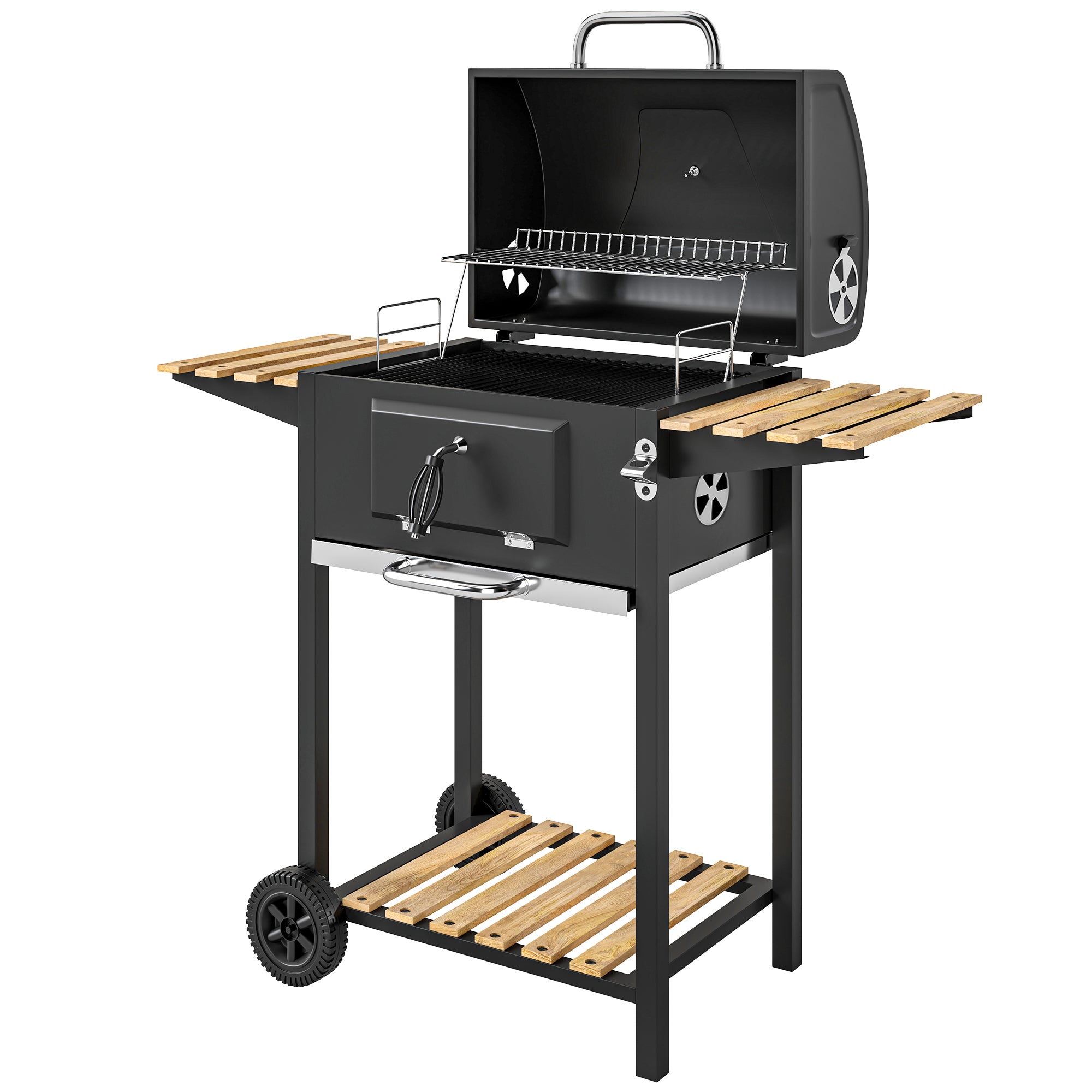 Kulgrill  Højdejusterbar Kulpande  Grillvogn  Hylder  Termometer  Flaskeåbner  Stål  Træ  Sort